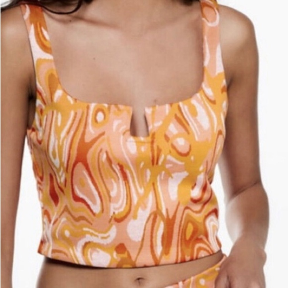 ZARA Jacquard Swirl Orange White Marble Tank Crop Top Summer Disco 60’s 70’s